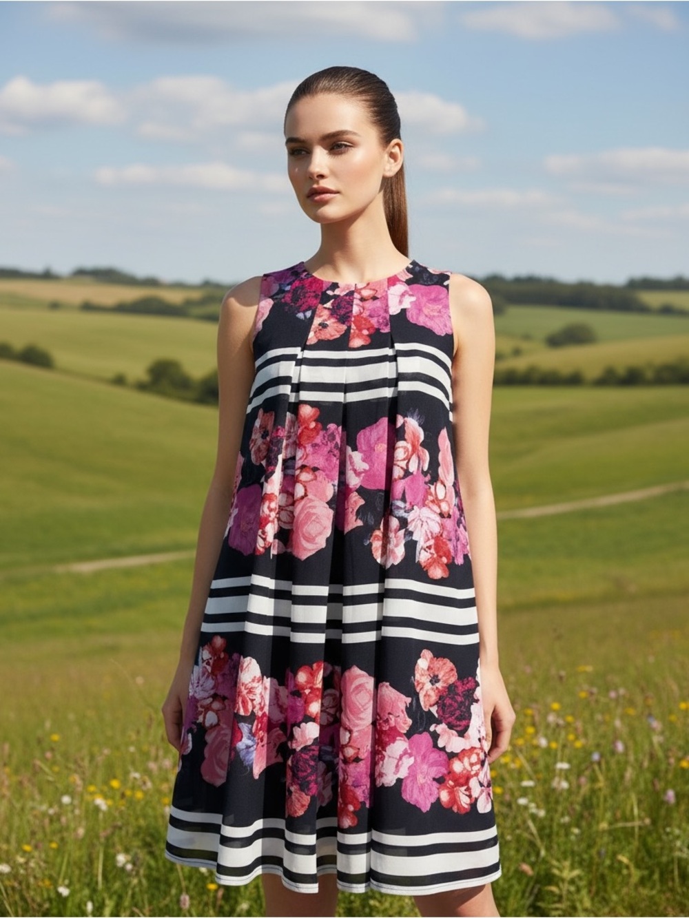 Vince Camuto Dress with Pink Floral & White Stripes - Size XS